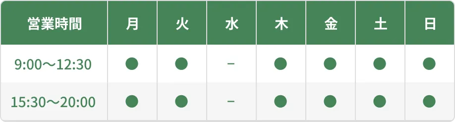 営業時間 9:00～12:30は月火木金土日、15:30～20:00は月火木金土日、水曜休診